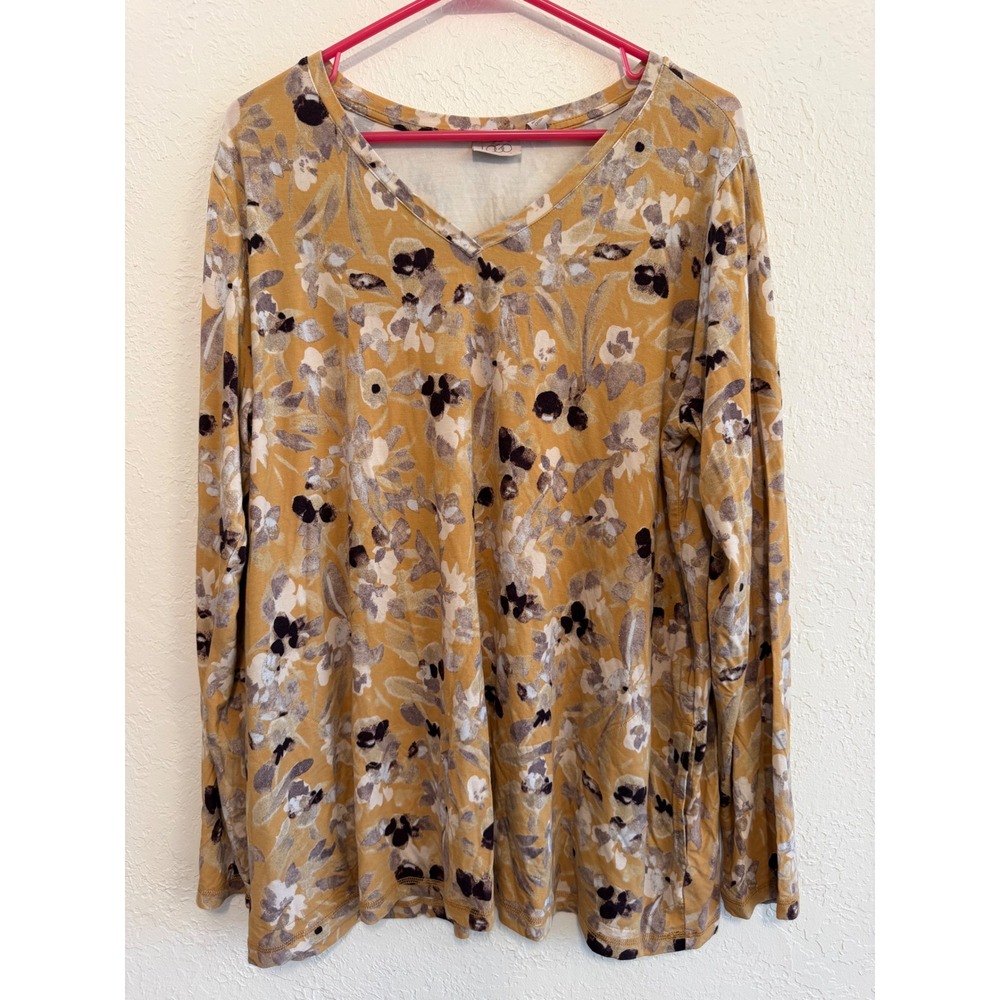 LOGO Lori Goldstein Mustard Yellow Floral V-Neck Long Sleeve Top XL A659750